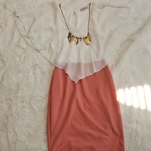 Papaya White Chiffon Cape Peach Pink Garment with Detachable Gold Chain Necklace